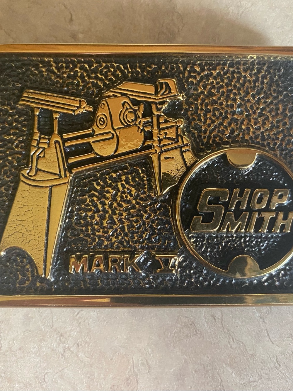 Vintage 1983 Shop Smith Mark V BTS Solid Brass Belt Buckle USA Woodworking 80s